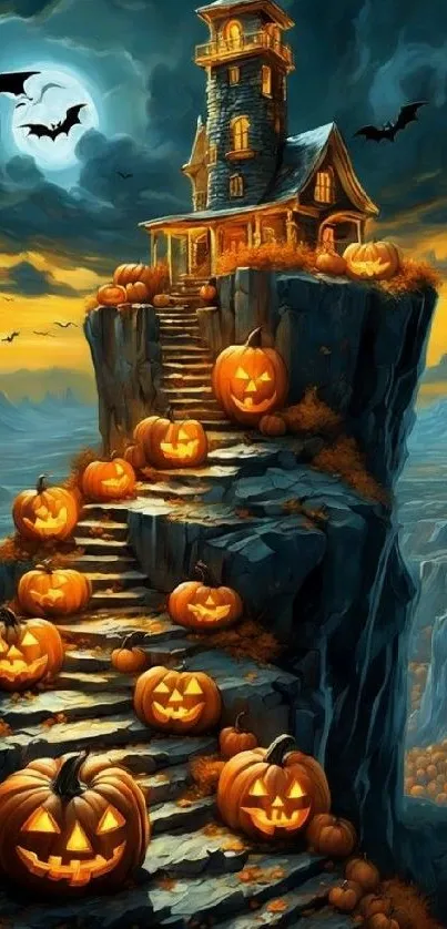 Haunted house on cliff with glowing pumpkins and bats under a stormy sky.