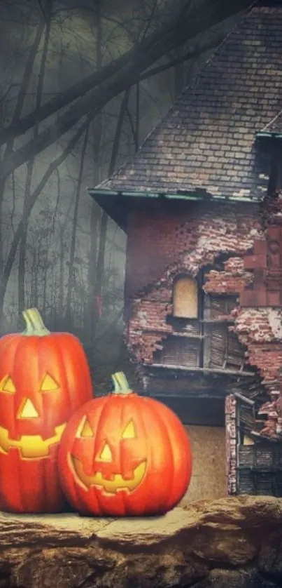 Spooky Halloween wallpaper with pumpkins and haunted house.