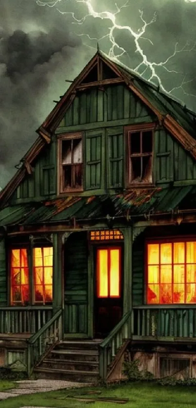 Haunted house with lightning in the sky, creating a spooky atmosphere.