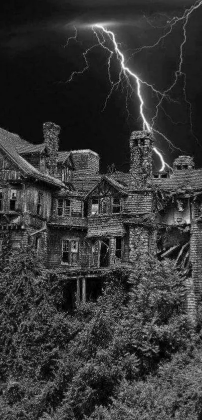 Gothic haunted house with lightning in monochrome black and white.