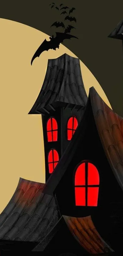 Spooky haunted house with bats and red windows under a dark green sky.