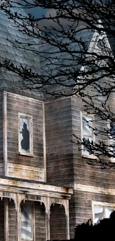 Haunted wooden house under a dark sky with leafless branches.