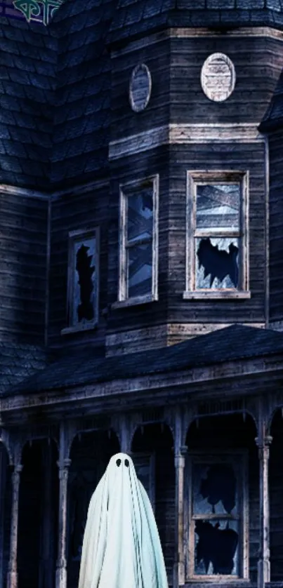 Ghost in front of a haunted house with broken windows, creating a spooky atmosphere.