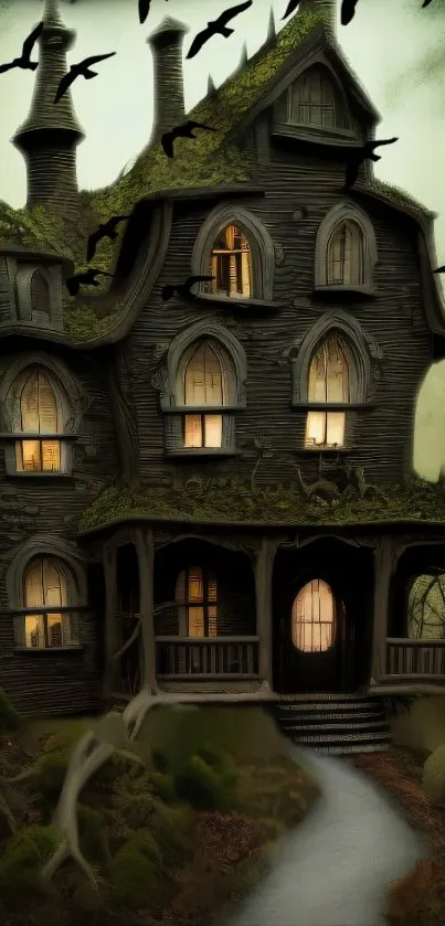 Eerie haunted house wallpaper with crows.