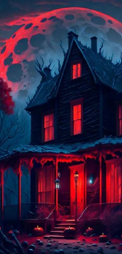 Spooky haunted house with red moon background.