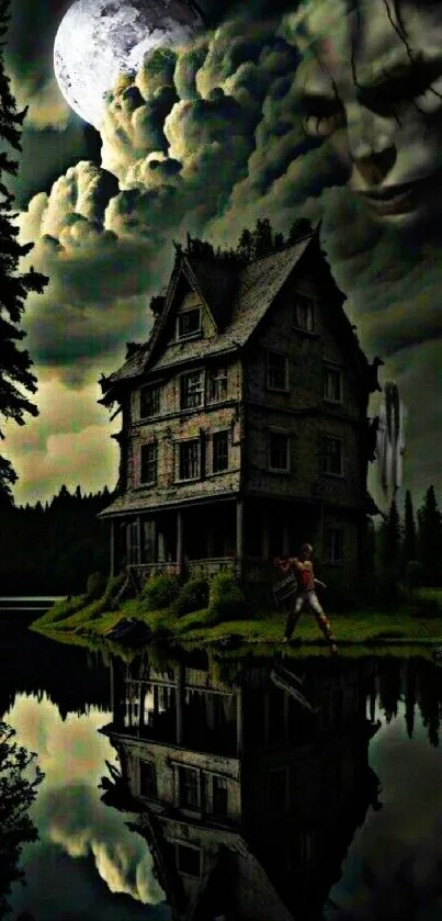 Haunted house under moonlight with clouds and reflection.