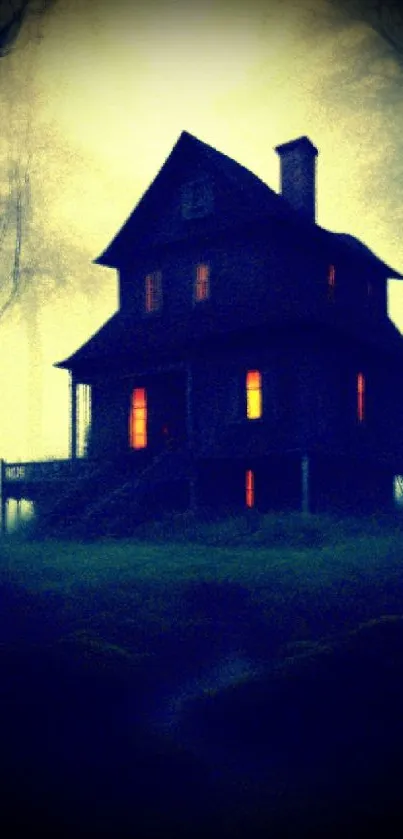 Dark and eerie house in a misty forest setting at night.