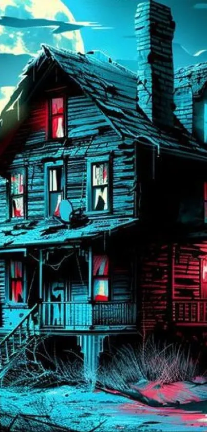 Haunted house with moonlit sky and eerie red lights at night.