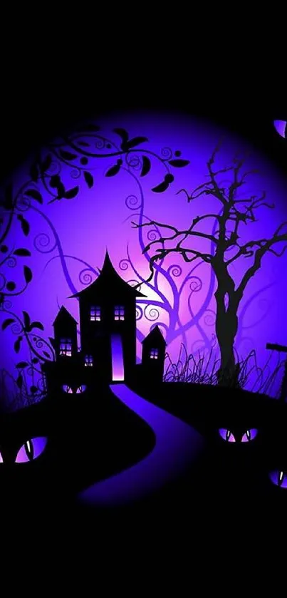 Haunted house with purple glow wallpaper featuring mysterious eyes.