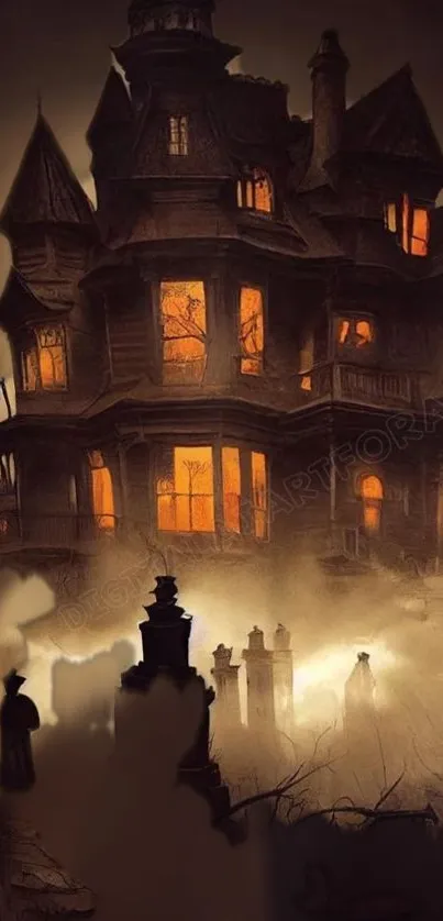 Gothic haunted house illuminated in a misty night scene, with silhouettes adding mystery.