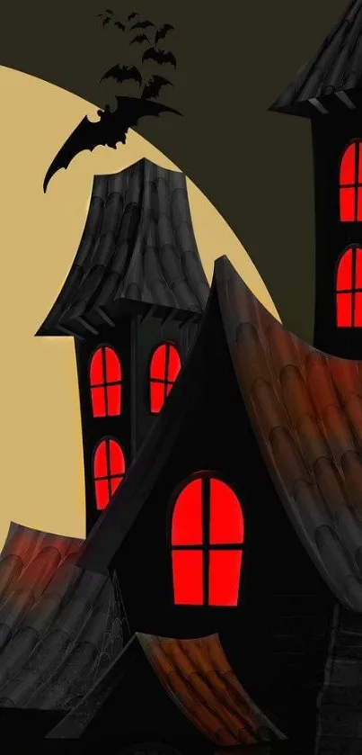 Spooky haunted house with red windows and bats, under a full moon.