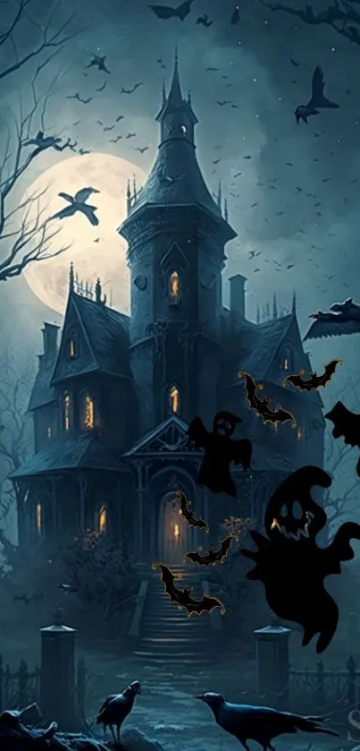 Haunted house with ghosts and bats under a full moon on this eerie wallpaper.