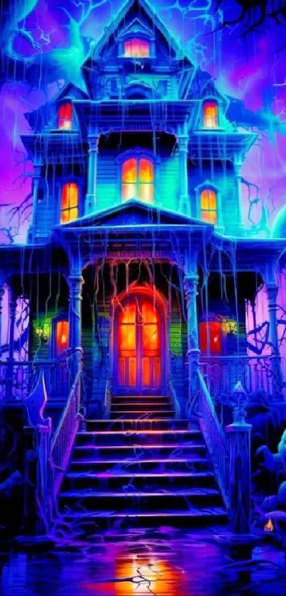 Haunted house with neon colors and gothic elements in a vibrant wallpaper.