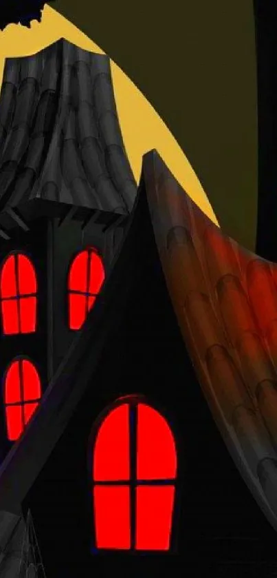 Eerie haunted house wallpaper with red windows and dark roofs.