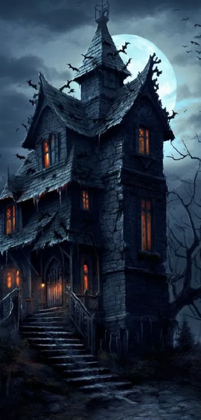 Spooky haunted house under a full moon with bats flying.