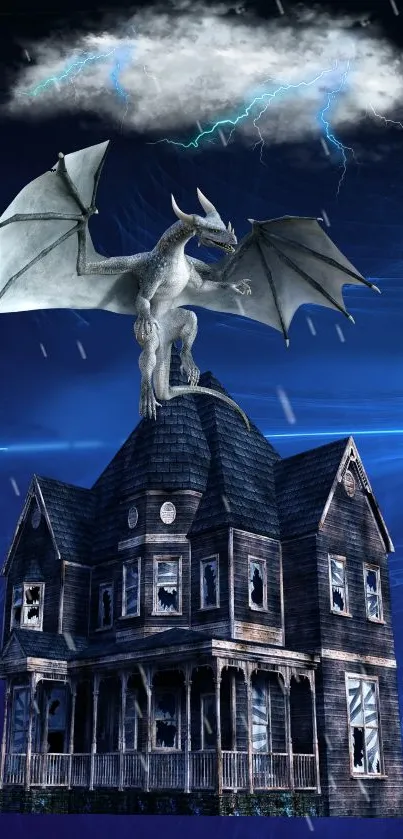 A dragon atop a haunted house under a stormy blue sky with lightning.