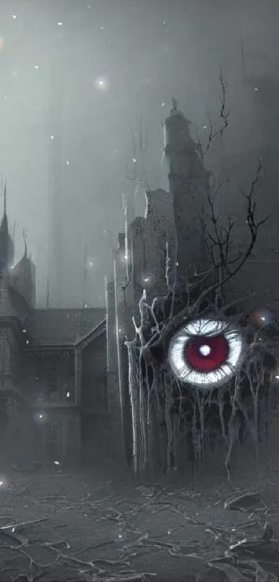 Dark eerie scene with haunted house and glowing eye.