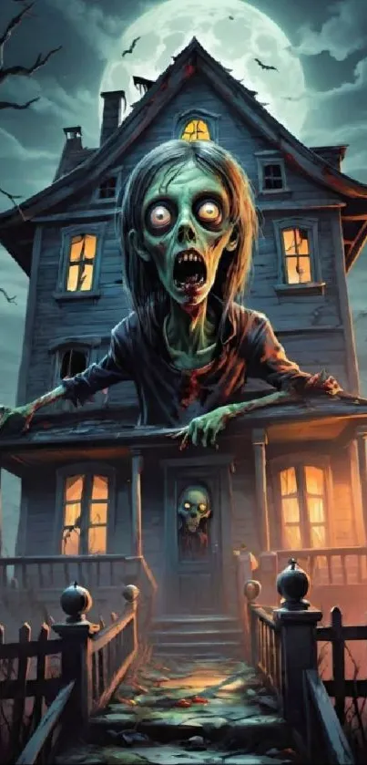 Zombie in front of a haunted house under a moonlit sky in eerie setting.