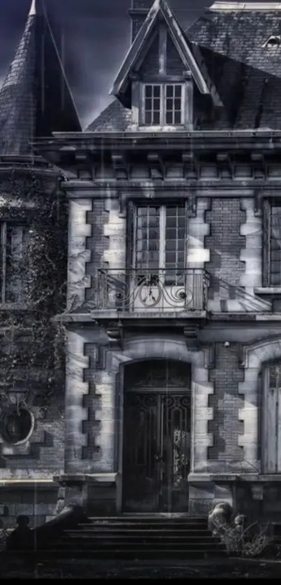 Gothic mansion with stone facade in eerie atmosphere.