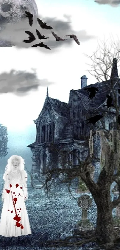 Gothic haunted mansion at night with full moon and eerie atmosphere.