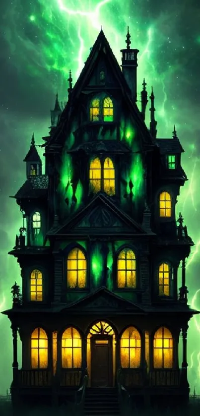 Gothic mansion with green lightning in a spooky night setting.