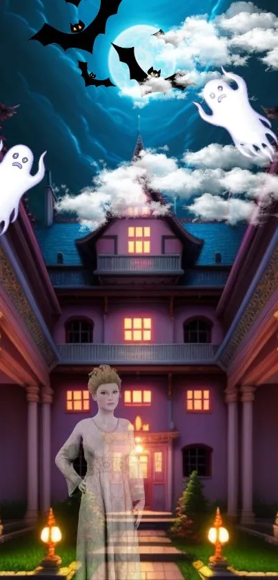 Haunted mansion with ghosts and bats on a spooky Halloween night.