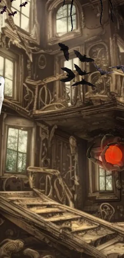 Halloween wallpaper with haunted mansion and ghost.