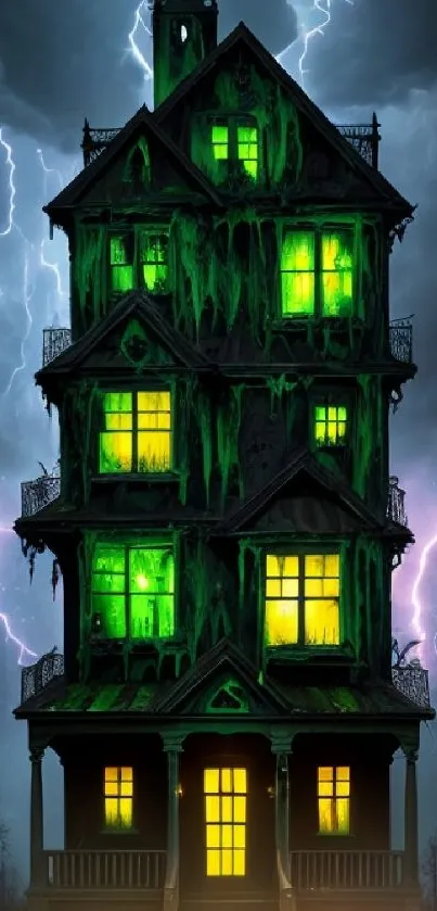 Eerie haunted mansion with lightning under a dark, stormy night sky.