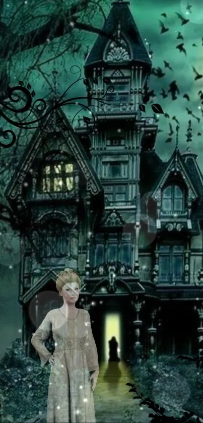 A haunted mansion with a ghostly figure under a dark green sky.