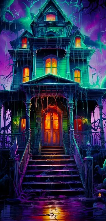 Colorful haunted mansion with neon glow and eerie atmosphere.