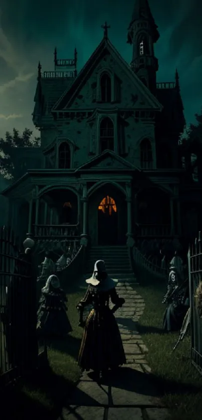 A spooky haunted mansion under a moonlit sky with eerie figures at night.