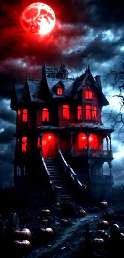Haunted mansion with red moon and eerie atmosphere.