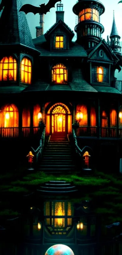 Haunted mansion under a full moon with glowing windows and a mystical vibe.