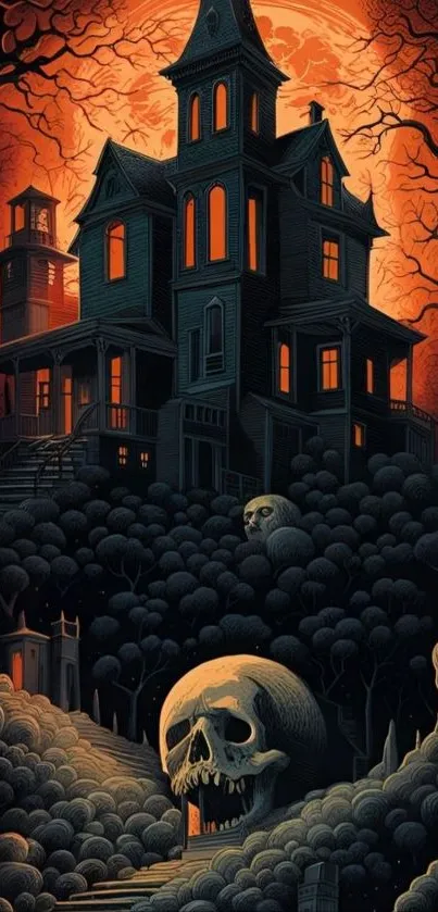 Illustration of a haunted mansion with skulls and orange sky.