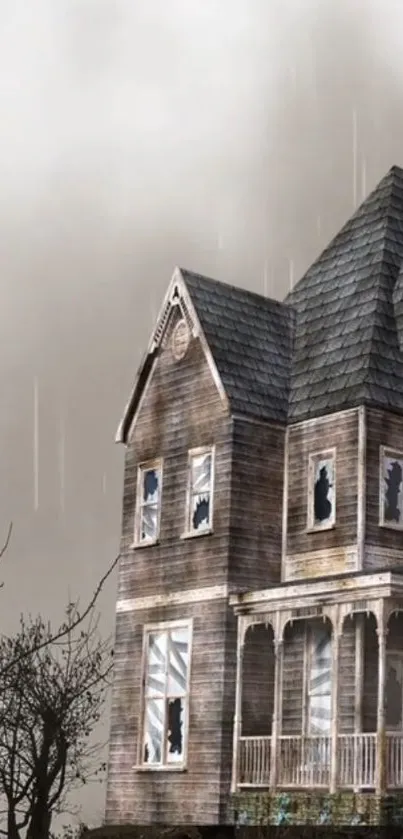 Spooky wallpaper featuring a haunted mansion in rain.