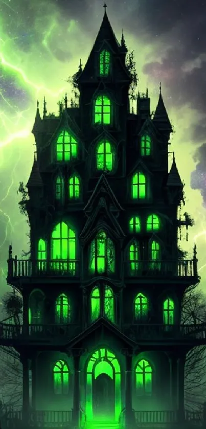 Spooky haunted mansion with green glow and lightning in the night sky.