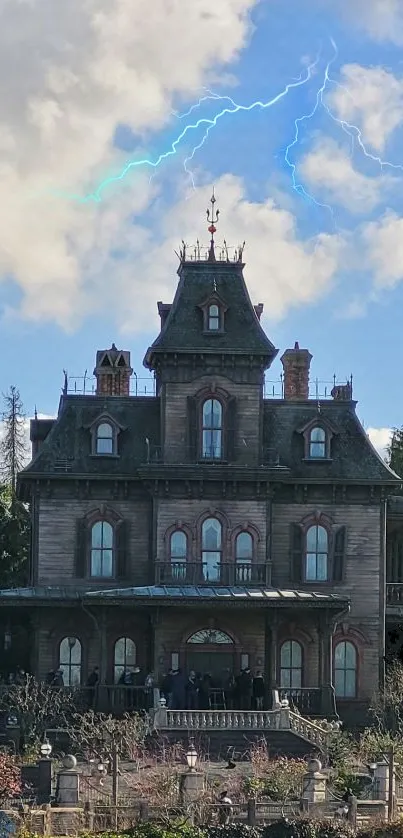 Haunted mansion with lightning under stormy sky.