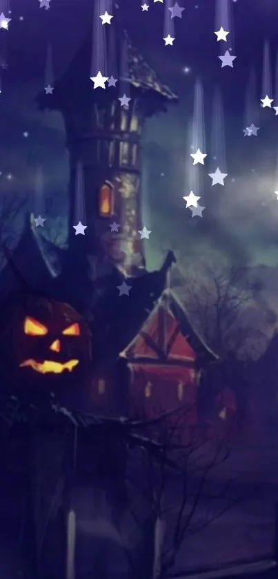 Haunted village with pumpkins under starry Halloween night.