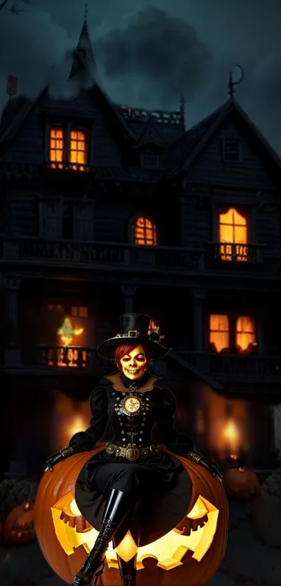 Halloween themed wallpaper with a glowing pumpkin and haunted house.