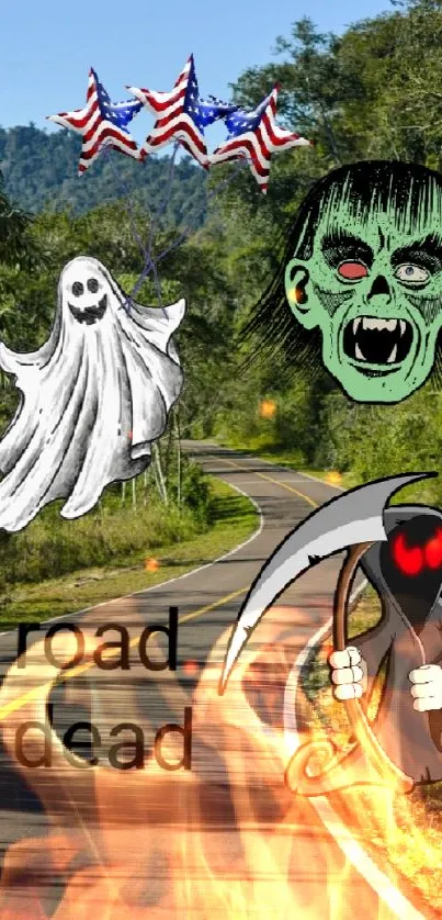 A haunted road with spooky ghost and zombie graphics in a green forest setting.