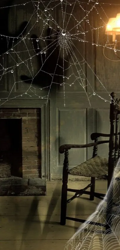 Dark, vintage wallpaper with cobwebs in a haunted room setting.