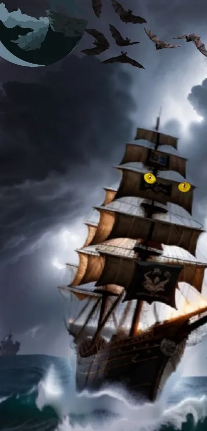 Eerie pirate ship sailing through stormy seas in the dark.