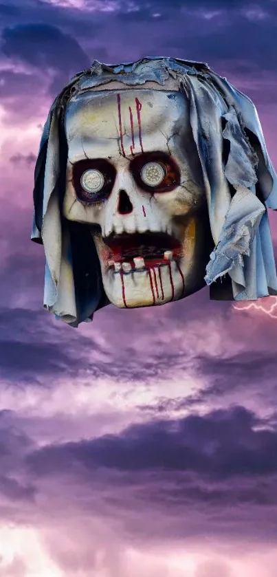 Haunting skull on surreal purple cloud background, eerie and spooky.