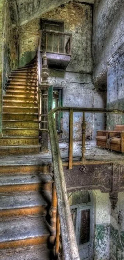 Haunted staircase in abandoned building.