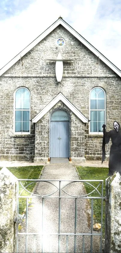 Haunted stone church with ghostly figure in front.