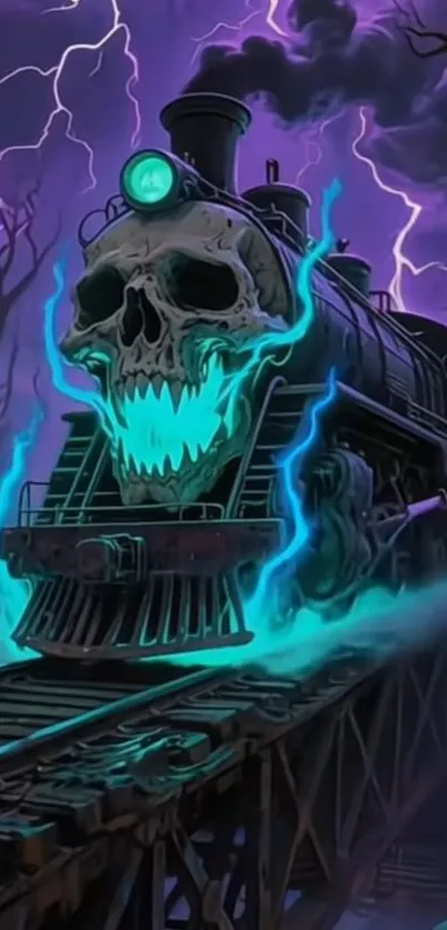 Eerie train with glowing skull in a spooky night scene.