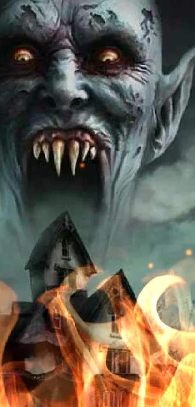 Vampire looming over fiery haunted house wallpaper.