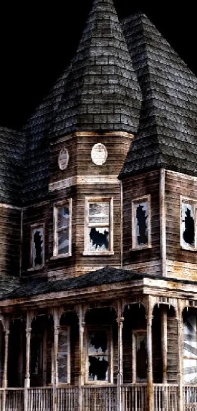 Haunted Victorian house with broken windows on a dark wallpaper.