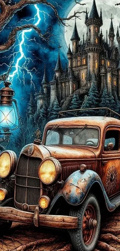 Vintage car and castle under stormy sky with lightning and lantern.