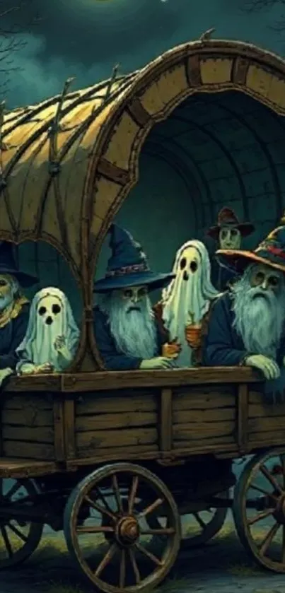 Wizards and ghosts on a spooky wagon ride.